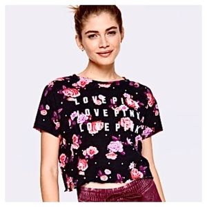 🌸 VS Pink Black with Pink Floral Crop Bling Tee🌸